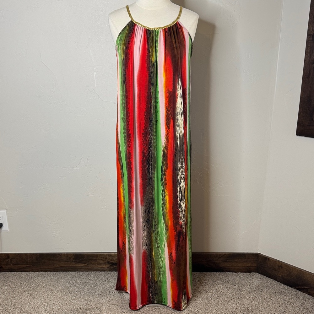 Striped Halter Maxi Dress with Gold Neckline